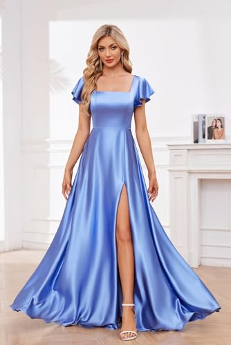 Satin Bridesmaid Dress with Slit Square Neck Prom Dresses Flutter Sleeve A Line Formal Evening Gowns for Women2