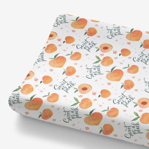 Image of HawSkgFub Sweet As Peach Summer Vibe Fruit Changing Pad Cover for Baby Girls, Peachy Floral Diaper Change Table Covers, Soft Stretchy Breathable Safe Snug Fitted Changing Mat Sheets Fit 32"/34" x 16"