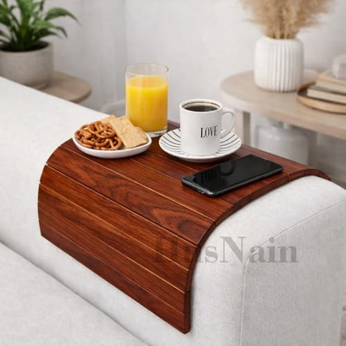 Image of HusNain Wood Foldable Armrest Sofa Tray- Serving Tray Dining Table Rectangular Mat- Armrest Rollable Tray for Office Couch- Multipurpose for Breakfast, Tea Serving, Table Decor (Standard)