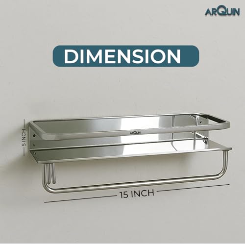 Image of ARQUIN Bathroom Shelf Multipurpose Wall Shelf Stainless Steel I Wall Mount Bathroom Storage Organizer | Towel Hook Racks and Shelves I Bathroom Accessories Set Shelves Silver 15x5 Inch