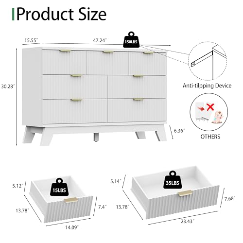 Image of Xixini Fluted Dresser for Bedroom with 7 Drawers, 48 inch Wide Modern Chest of Drawers with Metal Handle, Wooden Dresser TV Stand, Wood Closet Clothes Storage Organizer for Living Room, Hallway, White