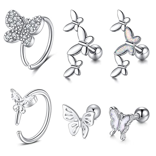AVYRING Helix Boucles d'oreilles Piercing Argent Papillon Conch Cartilage Oreille Femmes Acier Inoxydable Tragus Helix Hoop Piercing 6Pièces Cover