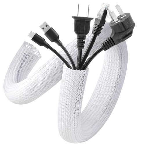 Image of AGPTEK Cable Sleeve Cover, 10ft - 1 inch Cord Management Wire Organizer Under Desk, Home Office Computer Wire Cover Hider Cord Protector, Protect Pet Cat Dog from Chewing, White