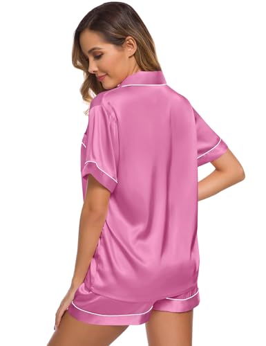 Image of SWOMOG Womens Silk Satin Pajamas Set Short Sleeve Sleepwear Button Down Top and Shorts Loungewear 2 Piece Pjs Set XS-3XL Mauve Pink XXX-Large