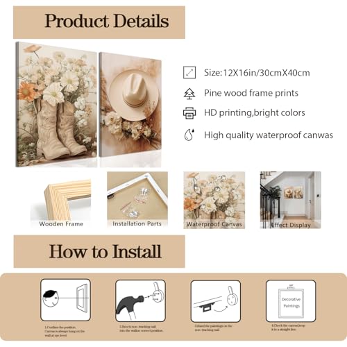 Image of Floral Cowgirl Boots Canvas Wall Art Set of 2, Cowboy Hat with Flower Wall Decor Paintings, Trendy Preppy Western Aesthetic Prints Pictures, for Girls Bedroom Living Room Dorm 12x16 inch Framed