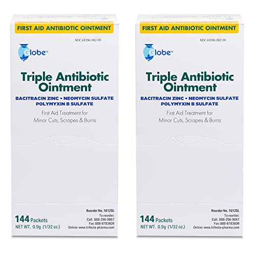 Globe Triple Antibiotic Ointment .9gr Packets (Box of 144) Essential Triple Antibiotic First-Aid Supplies for Home and on The Go, 24 Hour Infection Prevention (2 Pack) (Total 288 Packets)