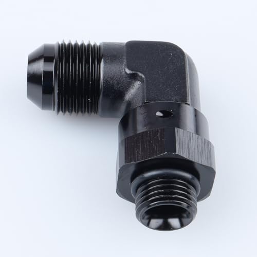 Image of AC PERFORMANCE Black Aluminum 90 Degree -8 AN Male Flare to -6 AN ORB O Ring Port Thread 9 /16 x 18 Swivel Fitting Adapter