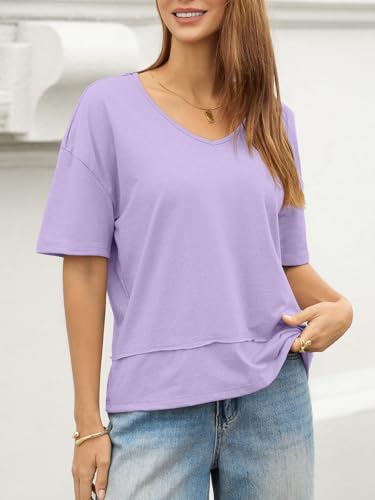 Image of UNCLECAT Womens V Neck T Shirts Summer Trendy Loose Fit Casual Tops Tees | Short sleeve, Spliced hem, Flowy graphic tees,Solid color cute basic t-shirts