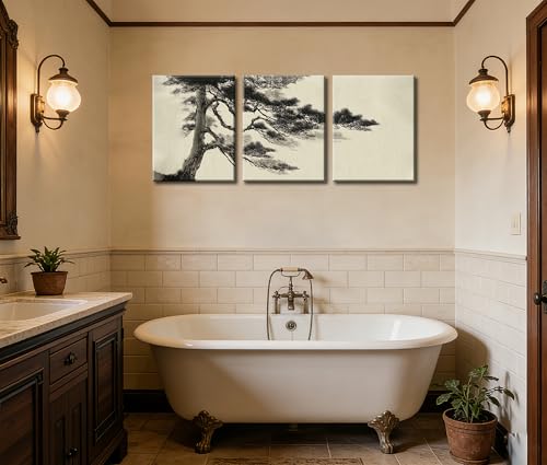 Image of Frimeeme Vintage Sketch Pine Tree Framed Canvas Wall Art Set of 3,12x16 In | Antique Wilderness Forest Wall Decor, Nature Botanical Landscape, Modern Landscape Prints for Living Room Bedroom