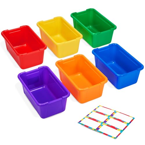 GAMENOTE 6 Quart Storage Bins with Lids Plastic Latching Box for Classroom & Kids Toy Storage Stackable Shoe Box Size Containers for STEM Morning Tubs Crafts & Blocks (6 Colorful Without Lid)