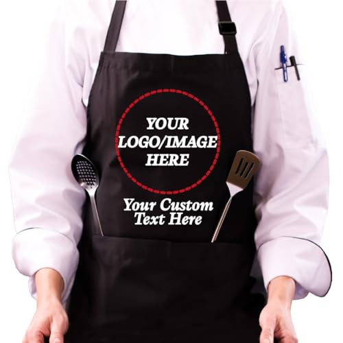 Custom Logo Apron, Personalized Name, Photo Aprons for Men&Women, Adjustable Waterproof Chef Bib with 2 Pockets, Professional Grilling Cooking Kitchen Apron, Customized BBQ, Baking Restaurant Gift