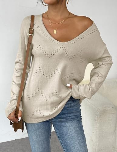 Image of Zeagoo Womens Sweaters Fall Trendy Casual Long Sleeve Shirt Lightweight V Neck Off Shoulder Crochet Pullover Top Outfit