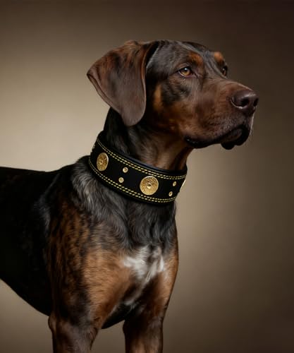 Hundehalsband Leder, 5 cm Breites Robustes Echtes Lederhalsband, Handgefertigt, Weich und Luxuriös, Auffällige Beste Wahl für Große und Mittelgroße Hunderassen, Gold-Schwarz M