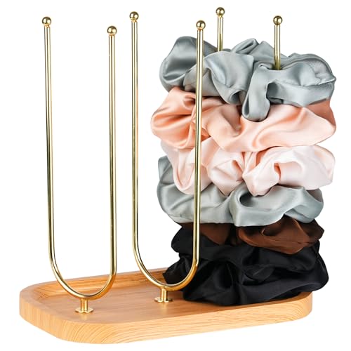 NEWLOOP Scrunchie Holder for Women - Triple Storage 3 Rotating Rods 6-Arm Hair Accessory Organizer with Jewelry Tray Wood & Metal Collection Holder Gift for Loved Ones Natural