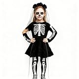 JoiTale Halloween Kostüm Mädchen, Skelett Kostüm Kinder Set, Schwarz Skelettkostüm, Halloweenkostüm für Karneval Cosplay Halloween Grusel Party Mottoparty (L)