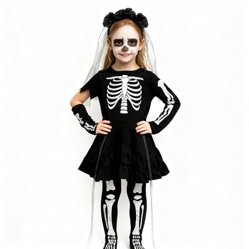 JoiTale Halloween Kostüm Mädchen, Skelett Kostüm Kinder Set,...