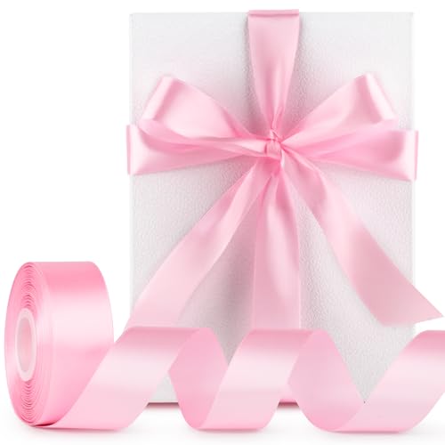 Image of Mauproy 1-1 /2 Inch Wide Pink Satin Ribbon, 50 Yards Solid Polyester Fabric Ribbon for Roses Making, Gift Wrapping, Flower Bouquets, Wedding Decorations, Handmade Crafts