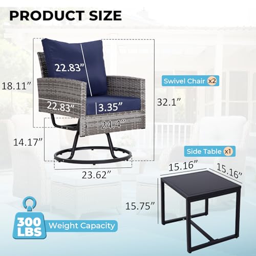 FHFO 3 Piece Patio Furniture Set, Outdoor Swivel Patio Chairs Set of 2, Wicker Apartment Balcony Furniture Set with Thick Cushions for Porch Deck Garden, Grey-Blue