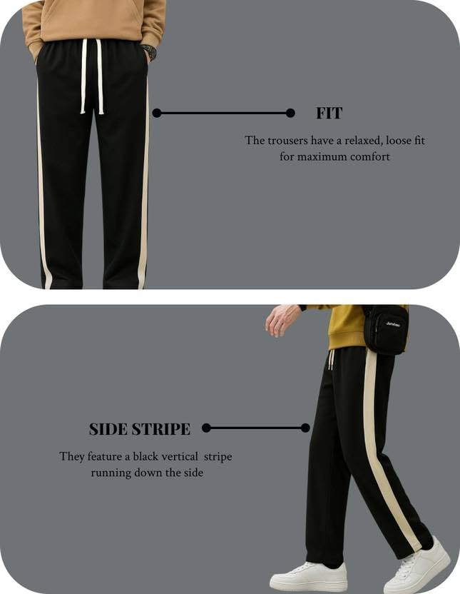 Image of Men's Cotton Blend Track Pants, Black with White Side Stripe, Drawstring Waist, Relaxed Fit Joggers