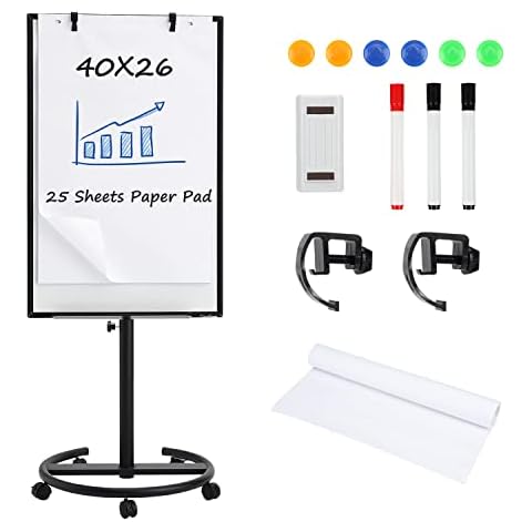 TANKEE Mobile Whiteboard Dry Erase - 40 x 26 Inches Portable Magnetic White Board Easel Flip Chart Stand with 25 Sheets Paper Pad Cover