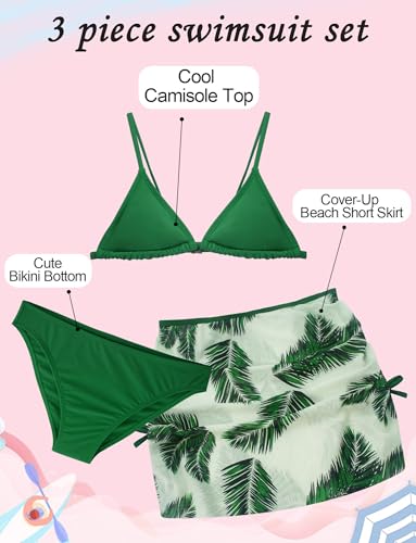 Image of Girls 3 Piece Swimsuit Summer Hawaiian Bikini Set with Beach Cover Up Skirt Bathing Suit Swimwear 8-15 Years
