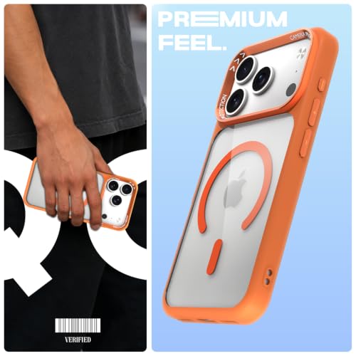 Image of Pikkme Back Cover for iPhone 17 Pro | Shockproof | Mag-Safe Compatible | Hard Transparent Back | Premium Raised Camera Protection | Bumper Case (Orange Mag-Safe)