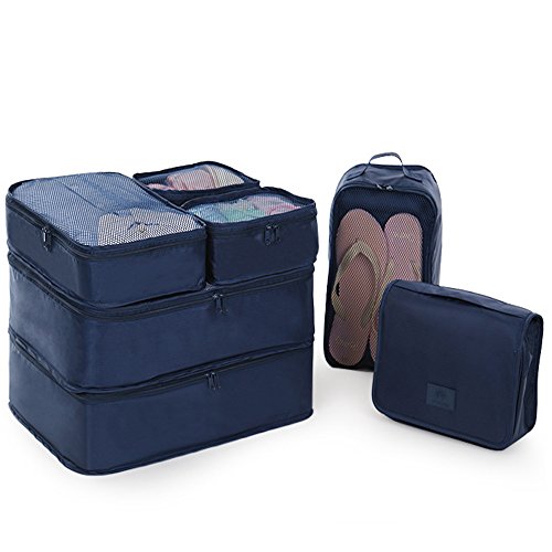 Zoomlie - Organizador de viagem, 7 unidades, cubos de embalagem para viagens, impermeável, poliéster, bolsa de armazenamento, sacos de armazenamento de viagem, mala, cor azul