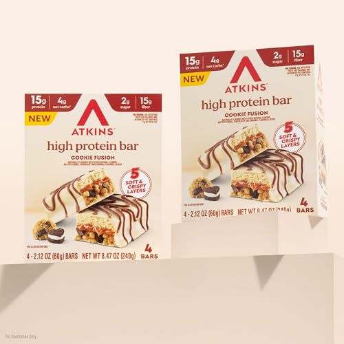Image of Atkins High Protein Bars, Cookie Fusion Flavor, 15g of Protein, 4g Net Carbs, Keto Protein Bars, Low Sugar, 4 Count
