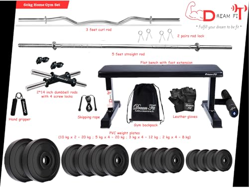 Image of DREAM FIT PVC Home Gym Set - 60 kg with 1 Flat Bench with Foot Extension, 3 ft Curling Rod, 5 ft Straight Rod, 1 Pair Dumbbell rods and Gym Accessories (60kg)