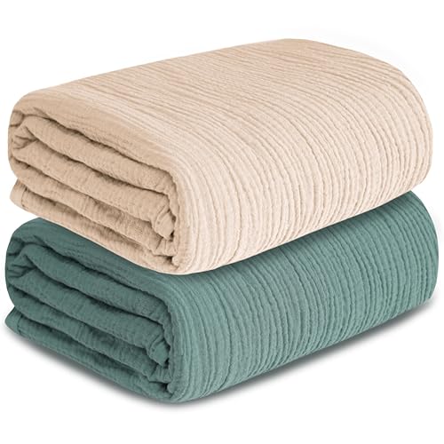 Image of Muslin Swaddle Blankets for Newborn, 2 Pack Breathable Soft Receiving Blanket, Large 41 x 41 inches Swaddle Wrap Burping Clothes, Essentials Infant Shower Items. (Beige & Green)