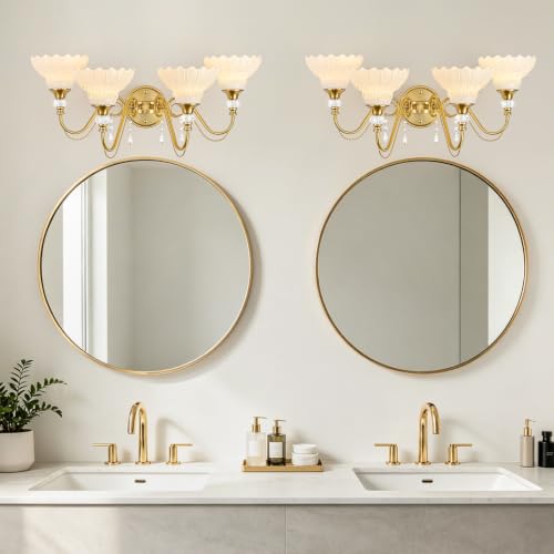 Image of Vintage Bathroom Vanity Light, 4-Light Brushed Gold Finish Wall Sconce with Hanging Crystal Accents and Flower-Shaped White Glass Shades, Retro Wall Mount Vanity Light Over Mirror for Bathroom