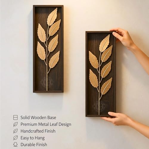 Image of DSH Leaf Wall Art Panels Modern Rustic Home Decor Wall Hanging Sculpture for Living Room, Bedroom & Office (45X15 CM) Decoration Item (Titan Leaf, 2 Frames)