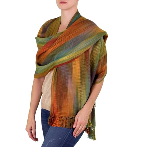 NOVICA Artisan Handmade Rayon Shawl Guatemalan Accessories Shawls Orange Green Multicolor Patterned Woven Bohemian Travel Friendly ' Nature' S Ethereal Inspiration'3