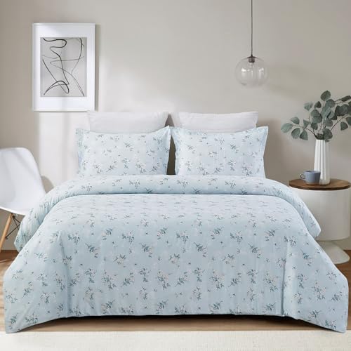 Vaulia Soft Microfiber Floral Duvet Cover Queen Size, Light Blue Chic Botanical Print Pattern, Lightweight and Breathable Design, 3-Piece Set (1 Duvet Cover 2 Pillow Shams)