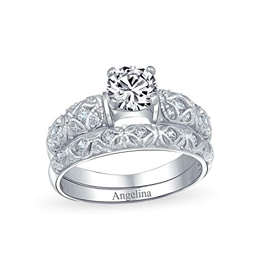 Bling Jewelry Personalize Antique Vintage Style Milgrain 1-3 CT Round Cubic Zirconia Solitaire AAA CZ Anniversary Engagement Ring Wedding Band Set For Women .925 Sterling Silver Customizable4