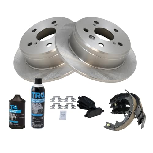 Image of TRQ Rear Brake Pad & Rotor Kit, with Chemical Kit Parking Brake Shoe Set Ceramic Compatible with 2000-2001 Toyota Camry 1999-2003 Solara