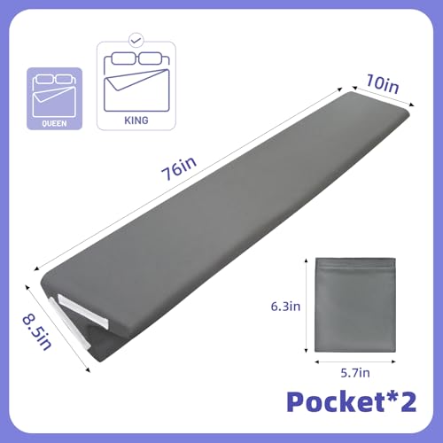 Image of Vekkia King Bed Wedge Pillow for Headboard Gap, Mattress Gap Filler Pillow to Cover 0-6 inch Gap, Bed Wedge Gap Filler with High-Density Foam, Removable Washable Cover, Gray, 76 inchx10 inchx8.5 inch