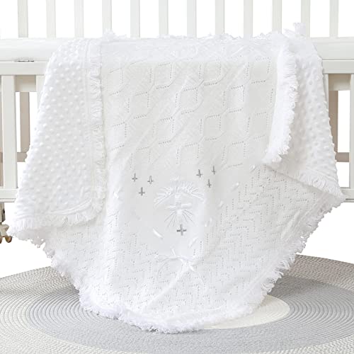 Booulfi Coperta per battesimo neonato unisex bianco coperta per bambino scialle lavorata a maglia per battesimo, dimensioni 95,2 x 100,3 cm