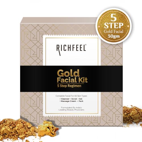 Image of Richfeel Gold Facial Kit | Bright & Glowing Skin | Parlour Like Instant Glow With The Goodness Of Gold Foils| 30 g Pack of 2 Kit 5X6G Pack of 2