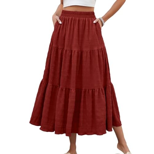 HUSKARY Women's Summer Casual Elegant Smock Layered Tiered Maxi Skirt High Waisted A Line Flowy Long Skirts with Pockets Small Wine Red