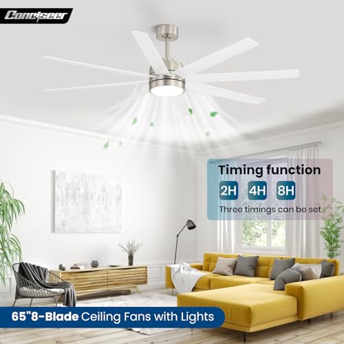 Image of Conciseer 65 Inch Ceiling Fans with Lights and Remote for Bedroom Living Room Kitchen Office, Indoor /Outdoor Use, 3CCT Dimmable, 8 Blades 6 Speed Reversible Quiet DC Motor, Sand-nickel /White