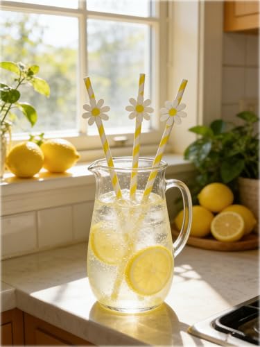 20 pitillos de papel decorados con margaritas, amarillo y blanco miniatura 4