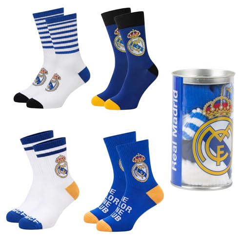 Real Madrid Calcetines Niños, Set de 4 Calcetines de Algodon y...