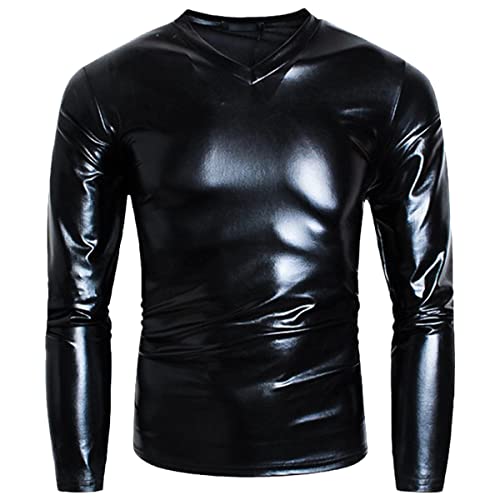 T-shirt en similicuir brillant pour homme avec col en V stretch grande taille