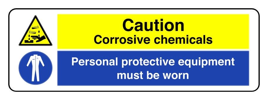 Caution Corrosive Chemicals Personal Protective Equipment Must Be Worn - safety sign - 3mm Aluminium Dibond Metal Sign for indoor/outdoor usage (450mm x 150mm) 5m Viewing Distance.