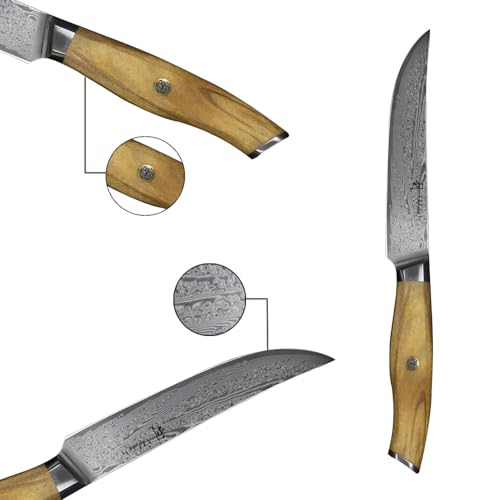 Foto von Wakoli Damast 6er Damast Steakmesser-Set I 12,5 cm Klingen gefertigt aus 67 Lagen echtem Damaststahl mit edlen Olivenholzgriffen und Hammerschlag I Premium Küchenmesser & Profi Kochmesser