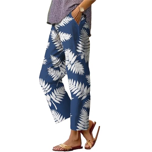 Women's Summer Casual Boho Pants Floral Capris Wide Leg Pant Pockets Elastic Waist Loose Baggy Beach Trousers Trendy