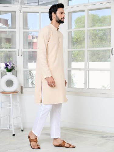 Image of See Designs Men's Full Sleeve Mandarin Collar Geometric Sequins Embroidered Thread Work Straight Long Kurta - Festive Collection