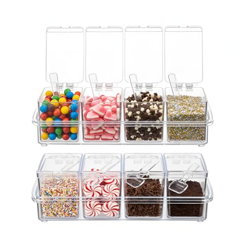 Wiojtry 8 Pcs Hot Cocoa Bar Supplies Clear Acrylic Sugar Bowls and Seasoning Spice Box with Cover and Spoon Cocoa Marshmallows Peppermints Chocolate Chips Storage Container for Hot Chocolate Bar