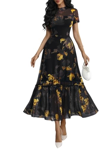 Image of GothDark Women's Summer Floral Mesh Ruffle Dress Short Sleeve Round Neck Waist Cinched Casual Maxi Wedding Guest Dresses